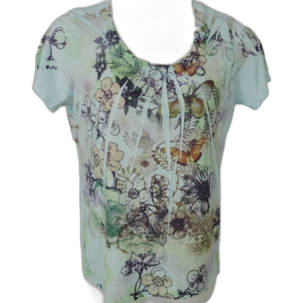 Project Top Sz L Aqua Floral Butterfly Short Sleeve Scoop NWOT